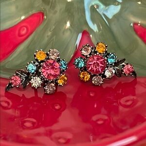 Coro Multi-colored Rhinestone Screw-back Floral Design Earrings
